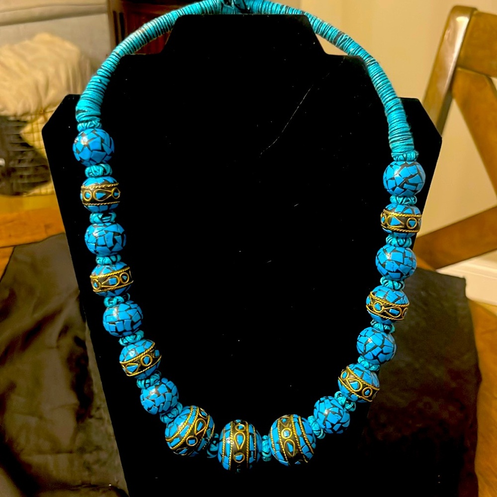 Fern Finds Chunky Bead Gold and Blue Necklace